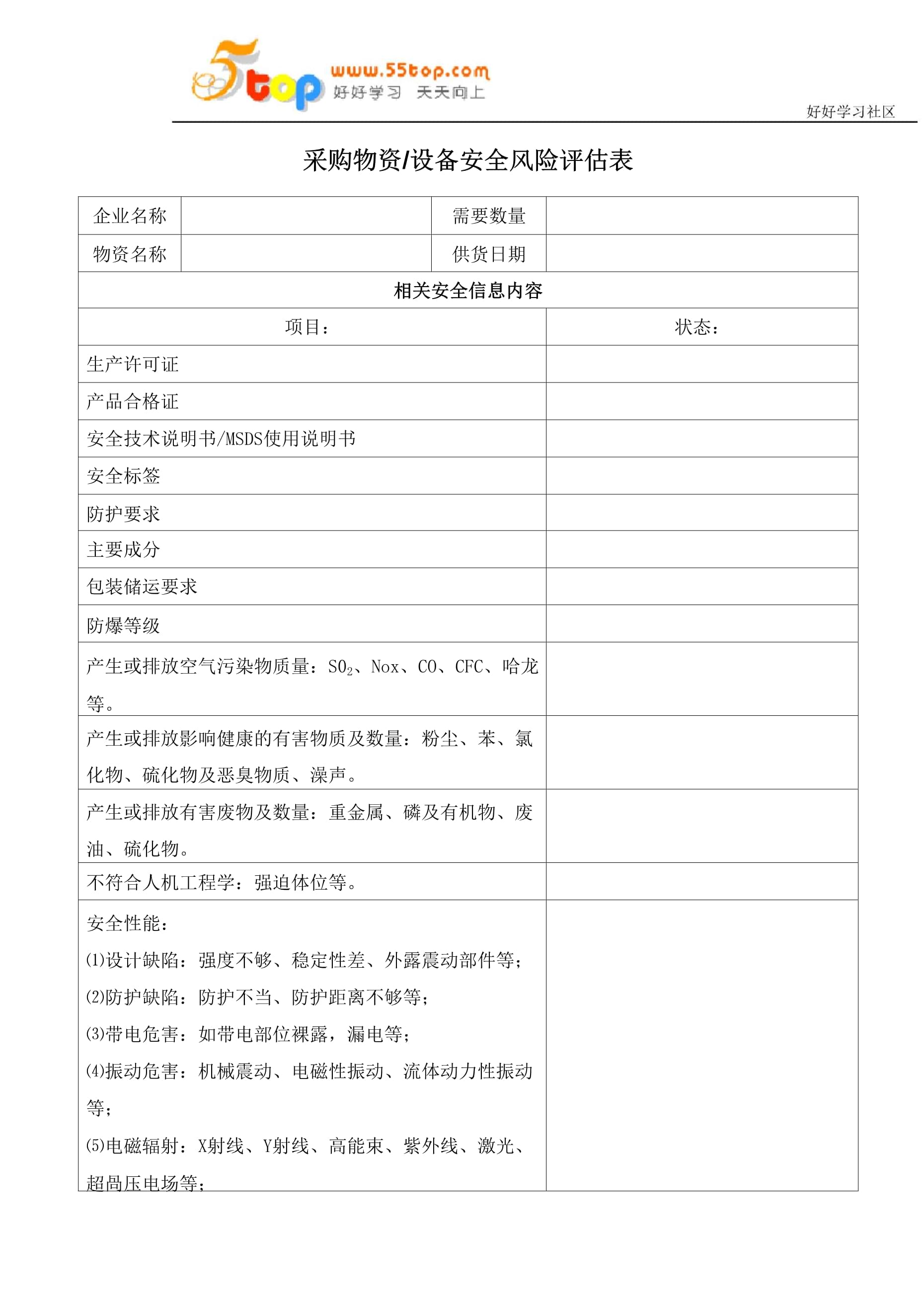 采购物资设备安全风险评估表
